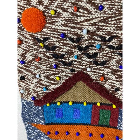 Hanging Wall Tapestry with House and Ducks Brown, Blue, Orange - Picture 2 of 8